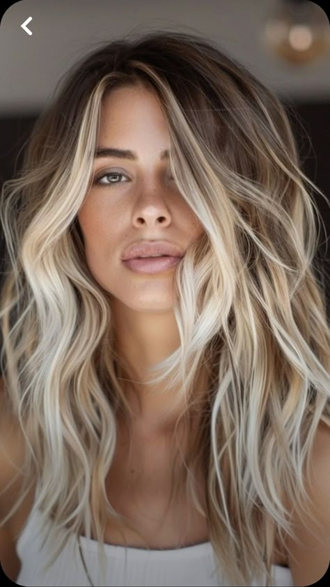 Mid Hair Balayage, Ponytail With Pieces Pulled Out, Deep Shadow Root Blonde, Good Hair Color For Blue Eyes, Large Money Piece Hair, Cute Layers For Long Hair, Long Blond Balayage Hair, Blondes With Dark Eyebrows, Alix Earle Haircut