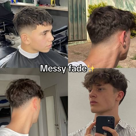 Messy fade men’s haircut Messy Hair Haircut, Guy Hairstyles Short Straight Hair, Drop Fade Messy Fringe, Low Fade Messy Hair, Men Messy Haircut, Messy Fringe Haircut Men Taper, Messy Comb Over Men, Men’s Summer Haircut, Fridge Up Haircut Men