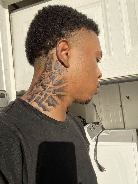 Full Side Neck Tattoo, Small Men’s Neck Tattoos, Godly Neck Tattoos, Black Neck Tattoo Men, Neck Tattoos Black Man, Neck Tattoo For Guys Cross, Neck Tattoo For Black Men, Wings Back Of Neck Tattoo, Behind Ear Tattoo Men Design