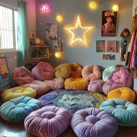 Colorful #Relaxation Nook: A #cozy corner filled with vibrant floor #cushions under a glowing #starlight, creating a warm, inviting atmosphere. #colorful #aiart #aiphoto #stockcake ⬇️ Download and 📝 Prompt 👉 https://stockcake.com/i/colorful-relaxation-nook_849222_242652 Pillow Living Room Floor, Floor Nook Ideas, Calming Sensory Room For Adults, Pillow Corner Floor, Small Teen Hangout Room, Floor Sitting Ideas, Rest Corner Ideas, Comfy Corner Cozy Nook, Floor Nook