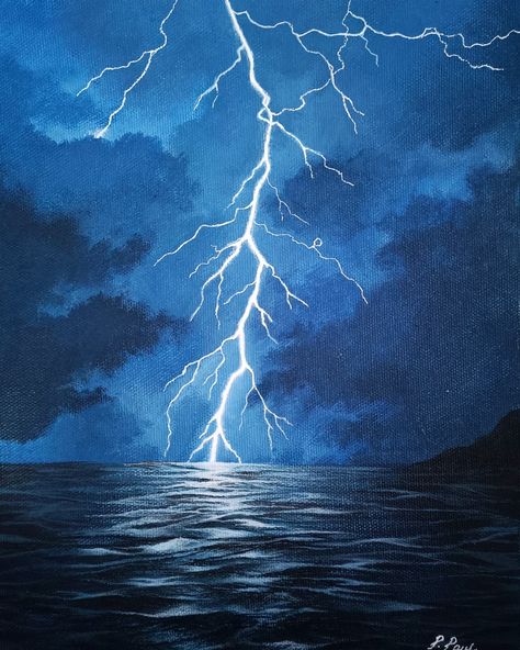 Paint Inspiration Acrylic, Dark Blue Painting Ideas Easy, Weather Painting Art, Thunderstorm Painting Easy, Simple Water Painting Ideas, Paintinting Ideas Acrylic, Landscape Paintings Easy Acrylic, Lightning Painting Ideas, Easy Lightning Painting