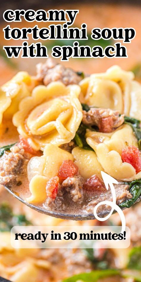 This incredible creamy tortellini soup with spinach is a delicious mix of tomatoes, sausage, and pasta. It's a versatile, easy dinner the family will love! Easy Ground Italian Sausage Recipes Tortellini Soup, Tortellini Kale Sausage Soup, Tortellini Italian Sausage Soup, Sausage Tortellini Crockpot, Tortellini Sausage Spinach Soup, Sausage Spinach Tortellini Soup, Spinach And Tortellini Soup, Chili Gumbo, Tortellini Spinach Soup