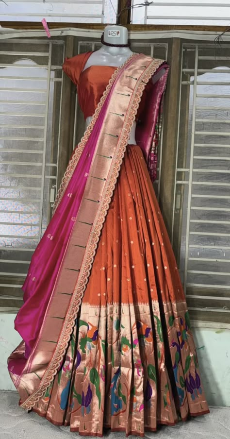 Half Sarees Designer Wear, Gold Colour Half Saree, Paithani Saree Lehenga, Trending Paithani Sarees, Traditional Pattu Lehenga Designs, Pink Pattu Lehenga Half Saree, New Half Saree Models, Pythani Pattu Half Sarees, Paithani Lehanga Designs