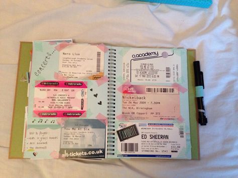 concerts smashbook page Concert Ticket Art, Ticket Scrapbook, Journaling 2024, Concert Scrapbook, Smash Book Inspiration, Scrapbook Challenges, Creating Keepsakes, Travel Journal Scrapbook, Concert Ticket