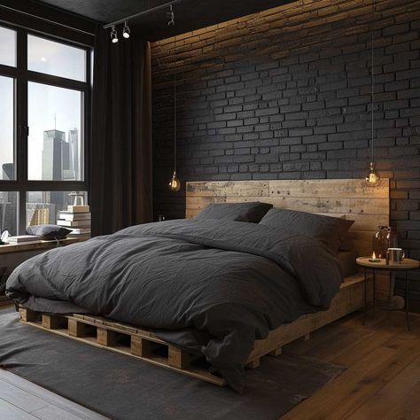 Discover the Beauty of Brick Decoration Walls in Modern Homes • 333+ Images • [ArtFacade] Black Brick Bedroom Wall, Industrial Bedroom White Walls, Faux Brick Wall Panels Painted Black, Fake Brick Wall Bedroom, Rustic Brick Bedroom, Black Washed Brick, Faux Brick Wall Black, Black Faux Brick Wall, Black Brick Wall Bedroom