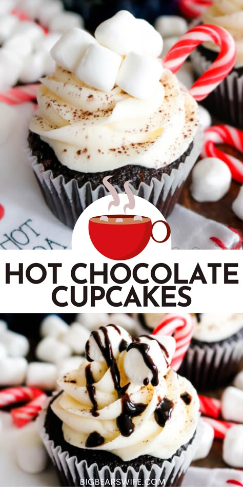 Winter Cupcakes, Hot Chocolate Cupcakes, Christmas Cupcakes Recipes, Frosting Cupcakes, Frosting Chocolate, Homemade Marshmallow, Winter Baking, Marshmallow Frosting, Mini Candy Canes