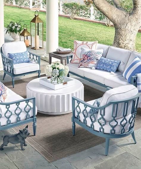 Stylish Patio Furniture, Blue Patio, Blue White Decor, Porch Furniture, Outside Patio, Patio Furniture Ideas, Outdoor Furniture Collections, Outdoor Living Room, Indoor Outdoor Pillows