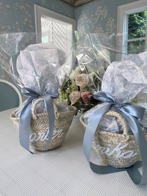 Gift Basket Wrapping Tutorial - Born on Fifth Goodie Bag Aesthetic, Bridesmaid Goodie Bags, Dekor Engagement, Gift Basket Wrapping, Bridesmaid Gift Baskets, Grandmillennial Aesthetic, Basket Wrapping, Personalized Basket, Born On Fifth