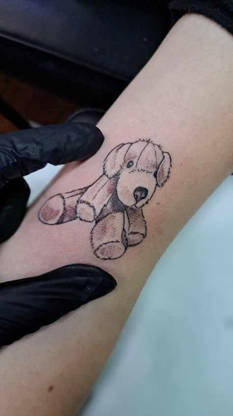 Stuff Animal Tattoo, Childhood Stuffed Animal Tattoo, Stuffed Animal Tattoo, Animal Tatoos, Jewelry Tattoos, Dog Stuffed Animal, Jewelry Tattoo, Stick And Poke, Wrist Tattoo