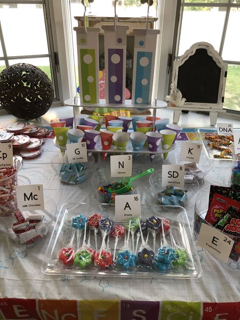 Science Candy Bar, Science Party Food, Candy Table Signs, Candy Science Experiments, Candy Science, Science Birthday Party Ideas, Scientist Party, Alien Party, Science Birthday