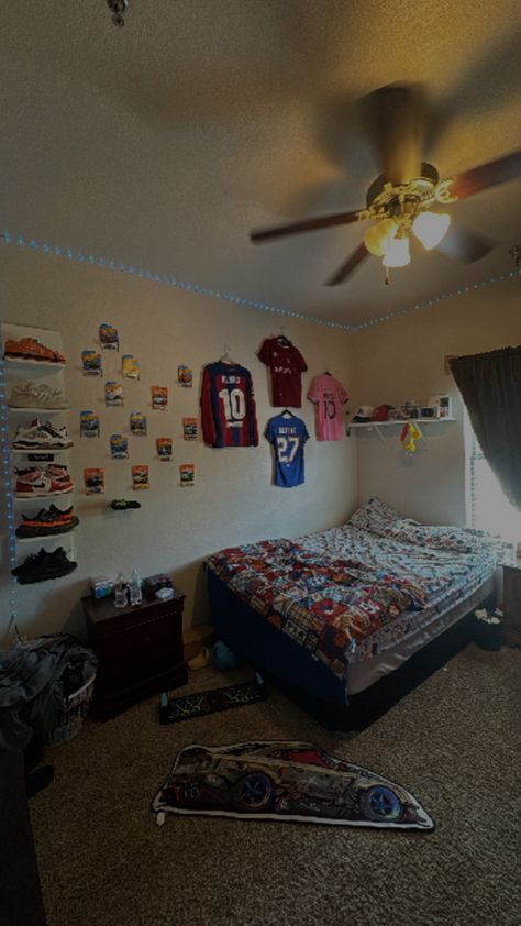 Room decorations,shoes,bedroom,soccer shirts Soccer Room Decor, Soccer Bedroom, Soccer Room, Soccer Decor, Soccer Shirts, Room Decorations, Bedroom Inspo, Dream Room, Room Inspo