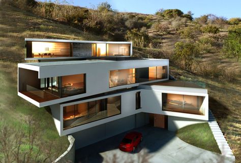 Slope House, Modern Minimalist House, Hillside House, House Design Exterior, Casa Country, Casa Container, Minimalist House Design, Container House Design, Minimalist Interior Design