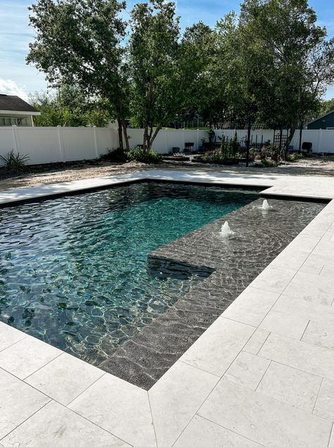 Our Custom In-Ground Pool Design - Within the Grove Modern Pool Colors, Pool In The Backyard, Black Fiberglass Pool, Slate Pool Deck, 20x40 Pool Ideas, Sundeck Pool Ideas, Medium Pool Designs, Porcelain Pool Deck, Pool Finishes Colors