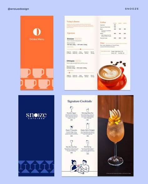 Snooze Cafe + Bar Brand Applications [CLIENT WORK] We had a lot of fun creating these illustrations and elements for different touchpoints of the brand, from stickers to the menu design! ☀️🌑 #branding #brandidentity #brand #menudesign #visualidentity #branddesign #designstudio #packagingdesign #restaurantdesign #illustration Cafe Drink Menu Design, Menu Design Ideas Cafe, Menu Drink Design, Menu Beverage, Cafe Brochure, Menu Design Cafe, Menu Ideas Design, Food Menu Design Ideas, Drinks Menu Design