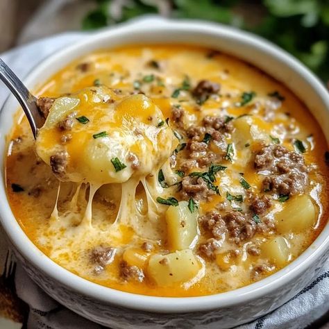 Cheesy Hamburger Potato Soup recipe Hamburger Cheesy Potato Soup, Slow Cooker Cheese Burger Soup, Easy Cheeseburger Soup Recipe, Hamburger Potato Cheese Soup, Bacon Cheeseburger Potato Soup Instant Pot, Cheesy Beef Soup, Cheesy Hamburger Soup Recipe, Cheesy Potato Hamburger Soup, Cheesy Hamburger Potato Soup Recipe