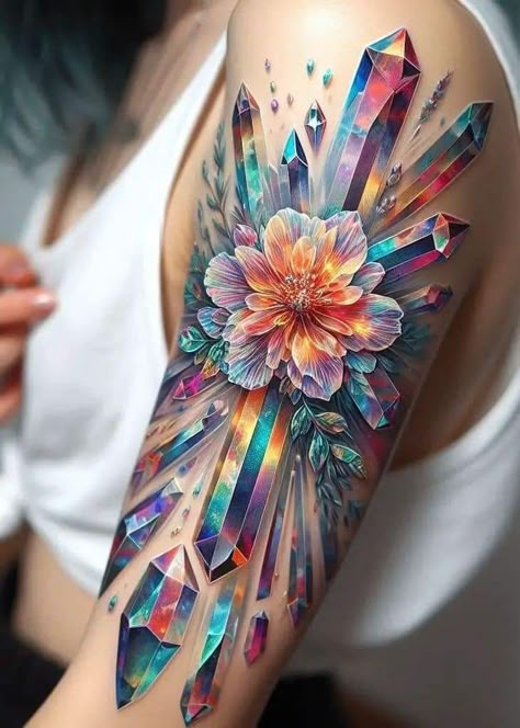 Crystal Sleeve Tattoo, Crystal Tattoo Ideas, Crystals Tattoo, Bright Colorful Tattoos, Jewellery Tattoo, Crystal Tattoos, Colorful Sleeve Tattoos, Empowering Tattoos, Body Tattoo Design