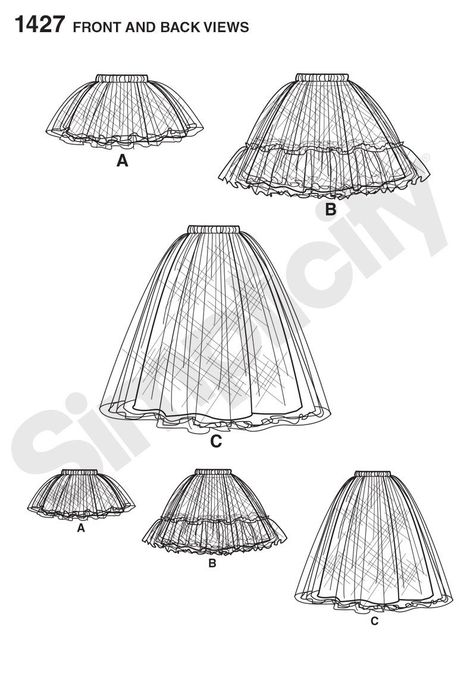 Simplicity 1427 Misses' Tulle Skirt in Three Lengths Line Drawing #tulleskirtpattern Tulle Skirt Pattern, Skirt Drawing, Baby Tutu Outfits, Diy Tulle Skirt, Girls Tulle Skirt, Gonna In Tulle, Tulle Skirts, Fashion Design Sketchbook, Trendy Sewing