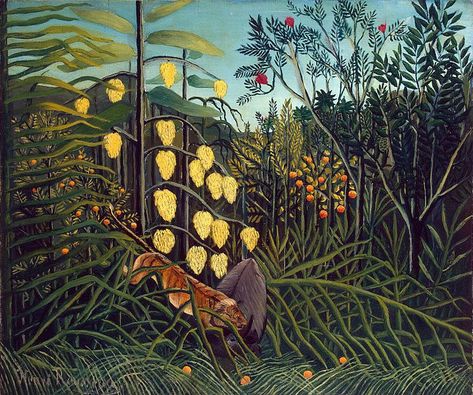 Henri_Rousseau_-_Combat_of_a_Tiger_and_a_Buffalo. Musée hermitage Henry Rousseau, Henri Julien Félix Rousseau, Henri Rousseau Paintings, Buffalo Art Print, Jungle Painting, Buffalo Art, Forest Poster, Hermitage Museum, Henri Rousseau