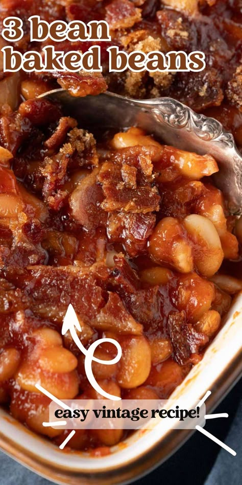 Just 8 ingredients make up this 3 Bean Baked Beans casserole. It's a perfect side dish recipe for your picnic or potluck. Use maple bacon for extra flavor! Perfectly Baked Beans Pioneer Woman, 4 Bean Baked Beans, Taste Of Home Baked Beans, Baked Northern Beans Recipe, Baked Beans With Northern Beans, Cook Outside Side Dishes Easy, Picnic Beans Recipe, 3 Bean Baked Beans Recipe, 3 Bean Hotdish