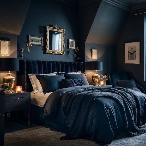 Blue Dark Academia Bedroom, Elegant Dark Bedroom, Dark Blue And Gold Bedroom, Dark Navy Bedroom, Accent Wall Headboard, Deep Blue Bedroom, Blue Floral Bedroom, Midnight Blue Bedroom, Navy Room Decor