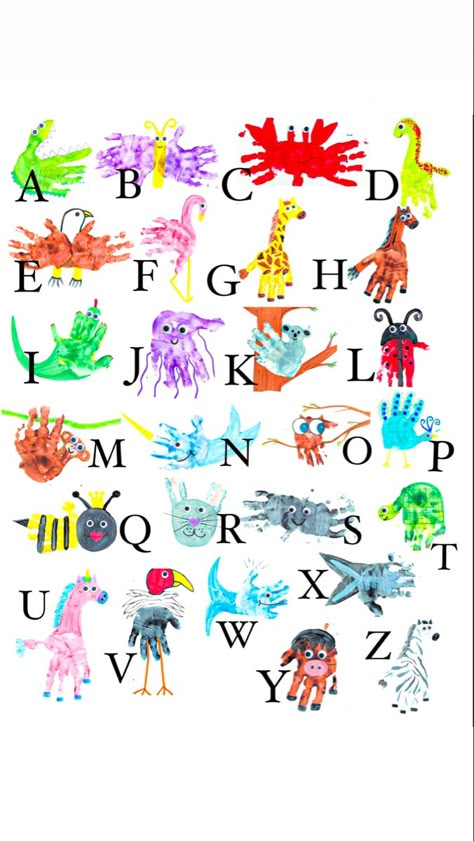 Abc With Handprints, Letter A Crafts For Preschool Hand Prints, Letter A Hand Print Craft, Alphabet Hand Painting, Alphabet With Handprints, Hand Paint Alphabet, Hand Print Alphabet Animals, Abc Animal Handprints, Animals With Hand Prints