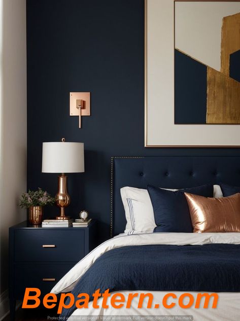 2024 Home Decor Trends: Stylish Ideas for Every Room
Bepattern.com Navy Bedroom Accent Wall, Navy Bedroom Walls, Navy Gold Bedroom, Blue And Gold Bedroom, Copper Bedroom, Navy Bedrooms, Blue Bedroom Walls, Dark Blue Bedrooms, Blue Bedroom Design