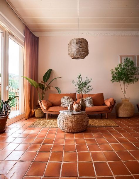 Terracotta Flooring For Mediterranean Living Room Terracota Floor Living Rooms, Modern Terracotta Floor, Spanish Interior Design Living Room, Terracotta Floor Living Room, Mediterranean Living Room Ideas, Mediterranean Style Living Room, Terracotta Living Room, Office Bedroom Ideas, Cathedral Ceiling Living Room