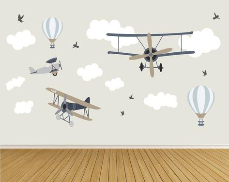 Hot Air Balloon And Planes Nursery, Airplane Bedroom, Balloons Wall, Airplane Nursery, Nursery Stickers, Airplane Wall, Airplane Decor, Kids Room Murals, Clouds Nursery