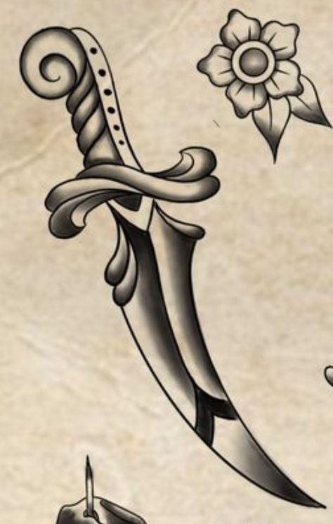 Traditional Dagger Tattoo, Traditional Dagger, Traditional Tattoo Drawings, Pencil Tattoo, Rose And Dagger, Small Chest Tattoos, Magic Runes, Knife Tattoo, Shiva Tattoo Design