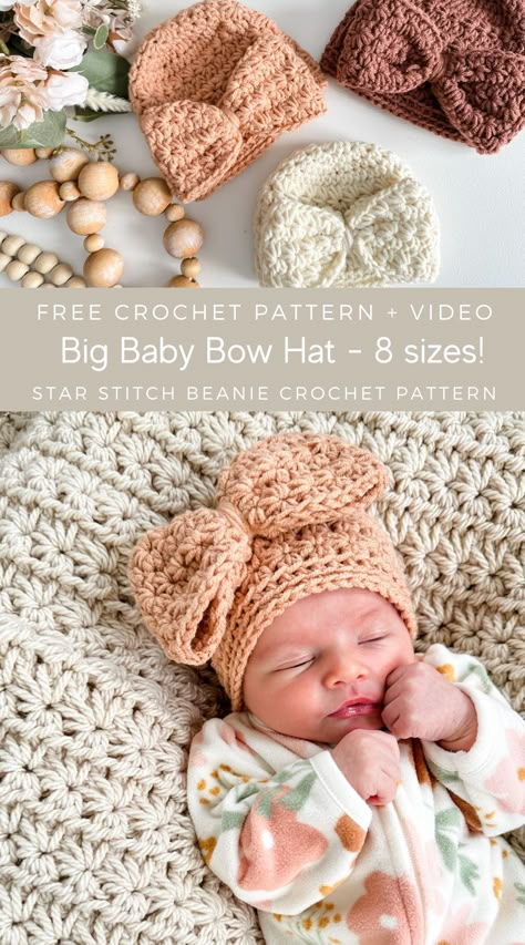 Crochet Baby Projects, Baby Bow Hats, Crochet Newborn Hat, Crochet Baby Gifts, Crochet Baby Hat Patterns, Crocheted Hats, Dream Summer, Baby Hat Patterns, Crochet Bows