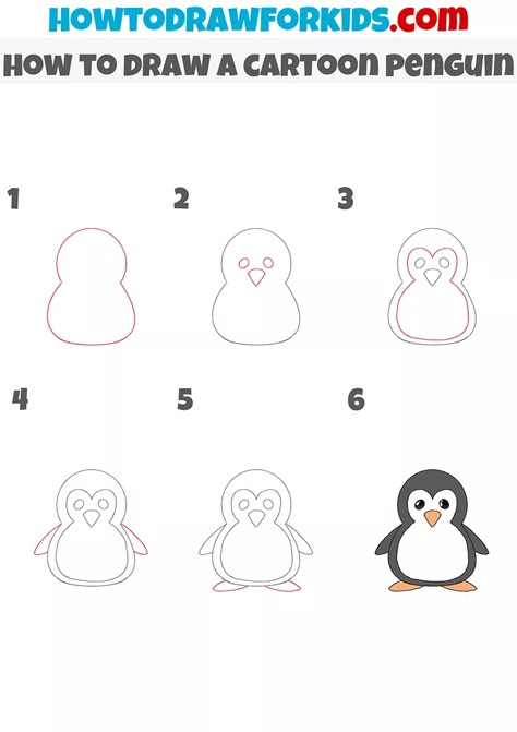 How to Draw a Cartoon Penguin - Easy Drawing Tutorial For Kids Easy Drawings Penguin, Pinguin Drawing Simple, Penqueen Drawing, How To Draw Penguin Easy, Pinguin Drawing Easy Cute, Penguin Drawings Easy, How To Draw A Penguin Step By Step Easy, Penguin Drawing Tutorial, Penguin Doodle Simple