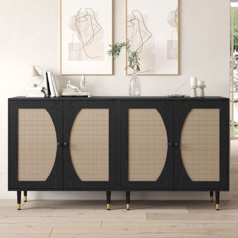 Black Buffet Sideboard, Black Sideboard Buffet, Cabinet Console Table, Cabinet Console, Rattan Doors, Black Buffet, Shelves Modern, Kitchen Storage Cabinet, Rattan Sideboard