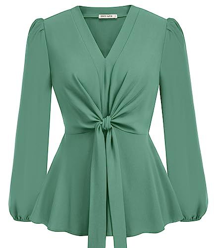 GRACE KARIN 2024 Women's Elegant Peplum Tops V Neck Tie Front Long Sleeve Shirts Tops Blouse Blusas Satin, Blouse With Sleeves, Boubou Styles, Top Designs For Women, Classy Blouses, Ankara Gowns, Modest Outfit, Peplum Tops, Women Blouses Fashion