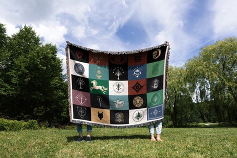 Lord Of The Rings Middle Earth Flags Patchwork Tapestry, LOTR Flag Quilt Style Blanket, Fantasy Realm Symbols Throw, LOTR Flags Wall Art