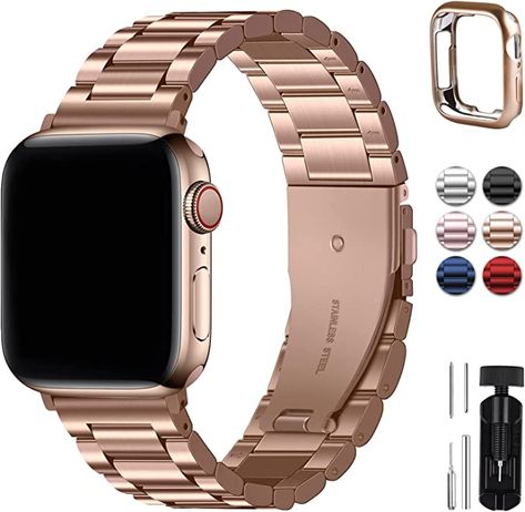 Fullmosa Compatible For Apple Watch Band 45mm 44mm 42mm 41mm 40mm 38mm, Stainless Steel iWatch Band with Case For Apple Watch Ultra Series 8 7 6 5 4 3 2 1 & iWatch SE and SE 2, 45mm 44mm 42mm Rose Gold Many color options! Cute Amazon Finds, Apple Watch Bracelet, Apple Watch Nike, Ultra Series, Watch Bracelet, Apple Watch Strap, Metal Band, Series 3, Apple Watch Band