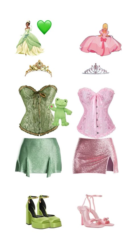 Princess Charlotte Costume, Casual Disney Character Outfits, Princess And The Frog Group Costume, Tinker Bell Corset Costume, Iridessa Tinkerbell Costume, Duo Halloween Costumes Disney Princess, Tiana And Charlotte Costume Ideas, Corset Halloween Costumes Duo, Iconic Animated Characters