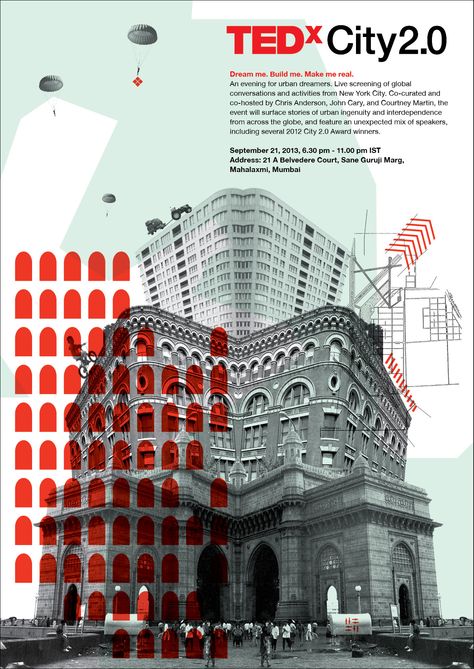 Poster by TEDxMahalaxmi Deconstructivism Poster, Building Poster Design Graphics, Architecture Event Poster, Graphic Design Course Poster, Architectural Graphic Design, Heritage Day Poster, Building Poster Design, Urban Design Poster, University Poster Design