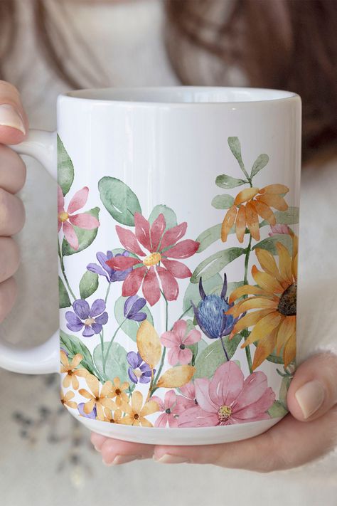 Watercolor Floral Mug, Boho Wildflowers Coffee Mug, Sunflower Watercolor Mug Mug Pottery Painting Ideas, Painting On Mugs, Glass Bottle Decor, Watercolor Mug, Sunflower Watercolor, Watercolor Sunflowers, Clay Painting, Painted Coffee Mugs, Beautiful Mugs