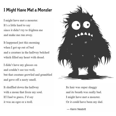 October Poems For Kids, Poems For Middle Schoolers, Easy Poems For Kids, Funny Kids Poems, Monster Poem, Halloween Poems For Kids, Funny Rhyming Poems, Children Poems, Short Poems For Kids