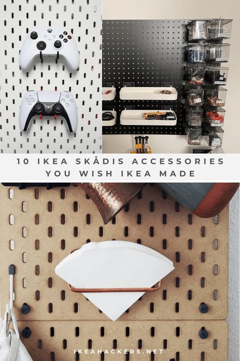 Ikea Uppspel Pegboard, Pegboard Tv Wall, Ikea Pegboard Ideas Gaming, Pegboard Charging Station, Gaming Pegboard Ideas, Skadis Gaming Setup, Skadis Pegboard Hack, Skådis Ikea Hack, Pegboard Organization Bedroom