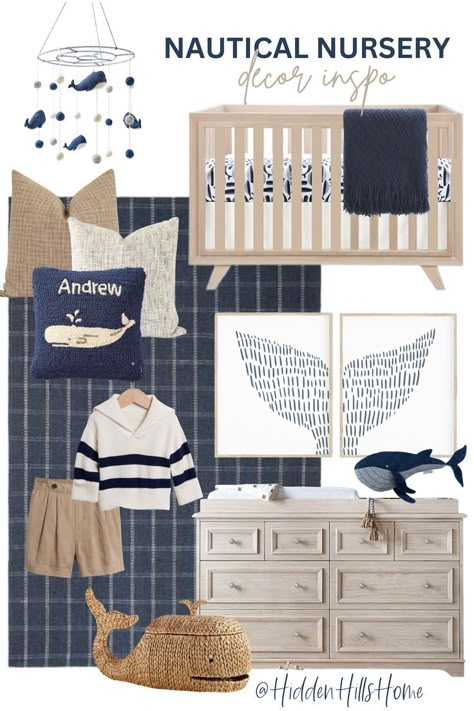 Nautical Nursery inspiration design board Navy White Nursery, Navy Blue Nursery Furniture, Nursery With Navy Accents, Blue And Natural Wood Nursery, Nautical Nursery Wallpaper, Subtle Nautical Nursery, Steel Blue Nursery, Navy And Beige Nursery, Navy Nursery Furniture