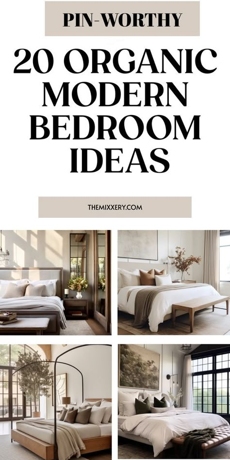 Discover the soothing charm of an organic modern bedroom with our curated collection of decor inspiration. Embrace simplicity and create a serene space that exudes natural elegance. From earthy color palettes to minimalist furniture, find ideas that will transform your bedroom into a tranquil haven. Explore the fusion of clean lines, natural textures, and simple aesthetics to achieve a truly organic modern look. Let nature's beauty infuse your sleeping oasis and experience the perfect blend of c Transitional Bedroom With Color, Grey Organic Modern Bedroom, Master Bedrooms Decor Modern 2024, Bedroom Designer Ideas, Primary Bedroom Minimalist, Modern Oasis Bedroom, Natural Bedding Ideas Bedrooms, Modern Traditional Guest Bedroom, Modern Organic Bedroom Design