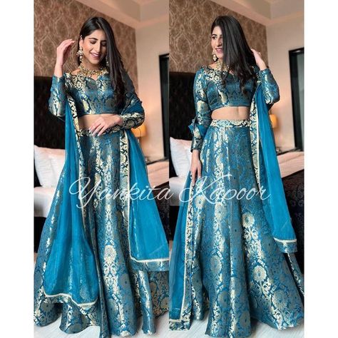 Indian Reception Dress, Indian Skirt And Top, Brocade Lehenga, Fancy Lehenga, Lehenga Choli Designs, Ghaghra Choli, Silk Lehenga Choli, Haldi Outfit, Indian Skirt