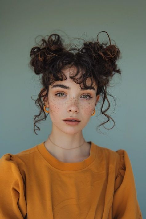 Bucket Hat Outfit Curly Hair, Wedding Hair Space Buns, Two Side Buns Hairstyle, Messy Space Buns Curly Hair, Curly Hair Space Buns Half Up, Fun Hairstyles For Curly Hair, Bunny Ear Hairstyle, Messy Double Buns, Two Buns Curly Hair