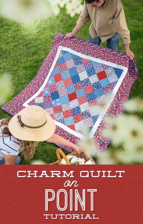 Charm Quilt on Point | Fabric: Patriotic Picnic from Riley Blake Designs Quilt On Point, Sewing Projects Ideas, Easy Quilting Design, Missouri Star Quilt Company Tutorials, Missouri Star Quilt Tutorials, Charm Pack Quilt Patterns, Charm Square Quilt, Missouri Quilt, Charm Pack Quilt