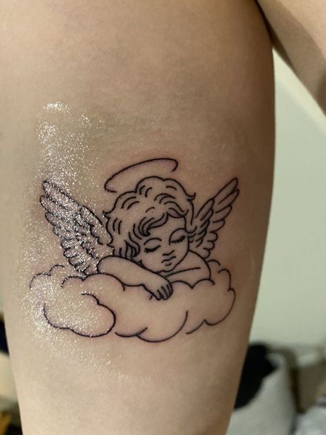 2 Angles Tattoo, Angles Tattoos, Small Cherub Tattoo, Small Thigh Tattoo, Angel Tatoos, Angle Tattoo, Cherub Tattoo, Petite Tattoos, Tasteful Tattoos