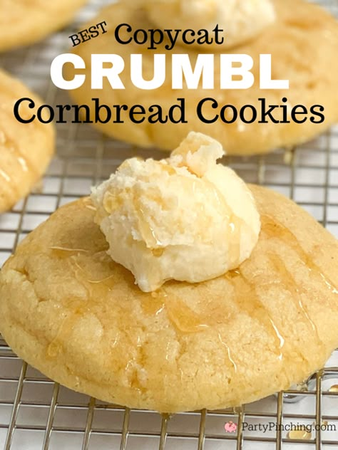 Crumbl Cookie Copycat Peach, Dessert Cornbread Recipe, Crumbl Cornbread Cookie Copycat, Nilla Bean Crumbl Cookie, Pancake Crumbl Cookie, Copycat Cornbread Crumbl Cookies, Crumbl Cookie Cornbread Copycat, Crumbl Cookie Copycat Cornbread, Cornbread Cookies Crumbl Recipe