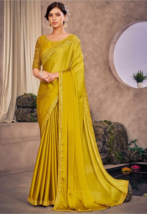 Sequins Fabric, Party Sarees, Plain Saree, Back Neck Designs, Yellow Saree, Drape Saree, Embroidered Border, Utsav Fashion, Satin Saree