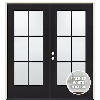 JELD-WEN S-2500 72-in x 80-in Low-e Grilles Between The Glass Black Steel French Right-Hand Inswing Double Patio Door in the Patio Doors department at Lowes.com Black French Doors Kitchen, Black Patio Doors With White Trim, Back French Doors, Black Exterior French Doors, Black Metal French Doors, Black French Doors Exterior Patio, Exterior French Doors Patio, French Doors Exterior Entrance, Back Patio Doors