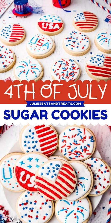 Want more easy 4th of July recipes? These thick 4th of July sugar cookies are perfect for decorating with royal icing. Serve this simple 4th of July dessert that everyone will think it's from a fancy bakery! Desserts For Memorial Day, Fireworks Cookies, Firecracker Cookies, Best Royal Icing, Festive Cookie Recipes, Red White And Blue Desserts, Patriotic Desserts, July Desserts, How To Make Icing